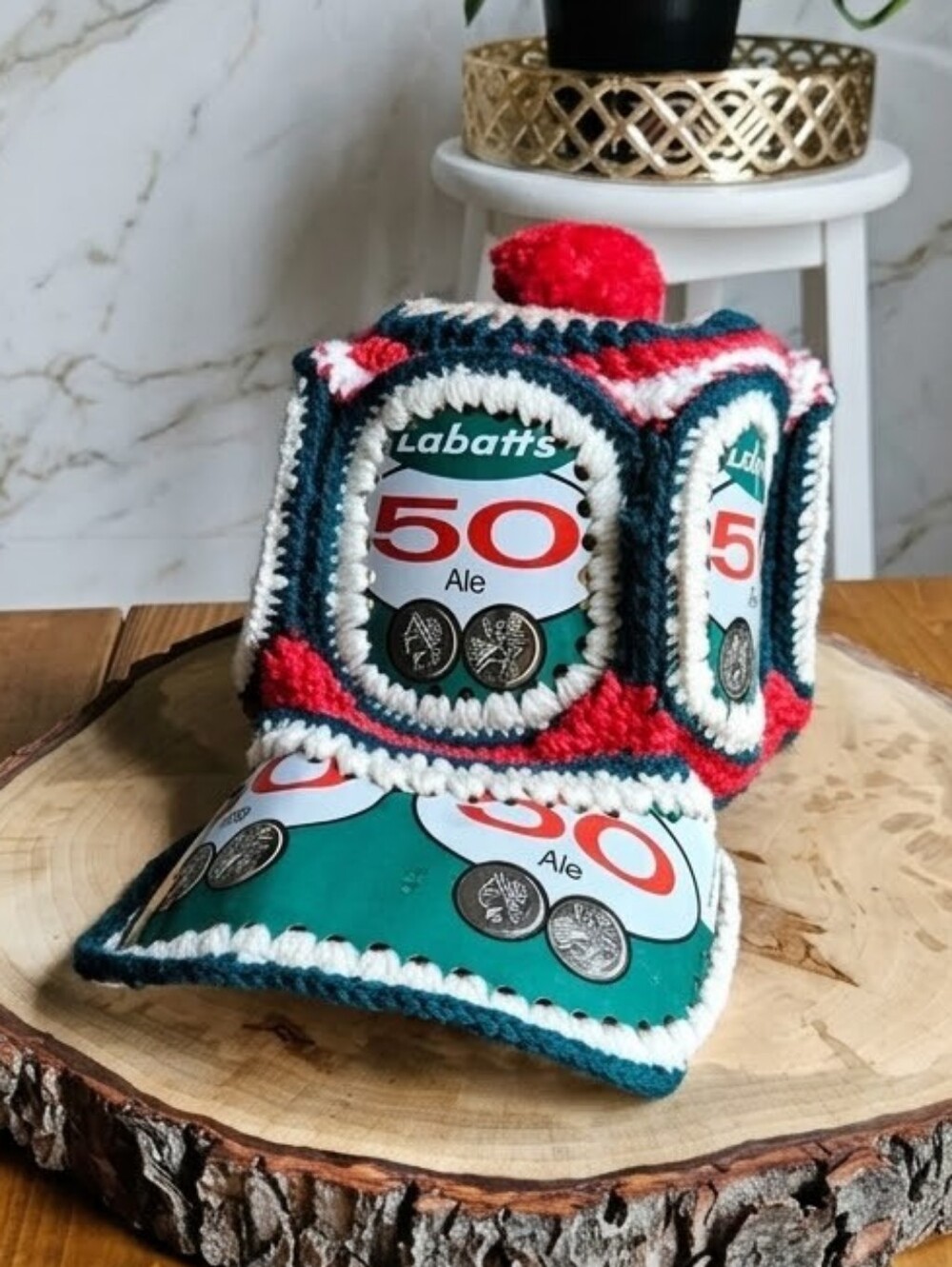 Labatt 50 Beer Can Crochet Hat - 70's Canadiana - Rare Vintage